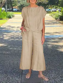 ZANZEA אופנה 2PCS נשים שרוול קצר חולצה רחבה הרגל חליפות מכנסיים מזדמנים רופף עירוני אדידס קיץ סטים חג Outifits