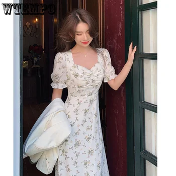 WTEMPO מודפס שמלת נשים קו חצאית קיץ דק תכליתי Harajuku שיק פרח בציר אופנה שמלה רחוב ללבוש הנשי Y2k