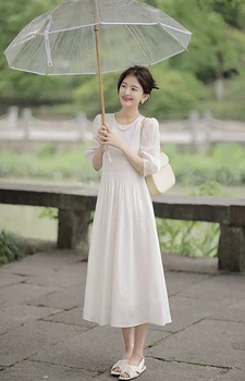 חדש בגדי נשים באביב ובקיץ 2023 עגול לבן קפלים צוואר שנות ה-שרוול השמלה 0510