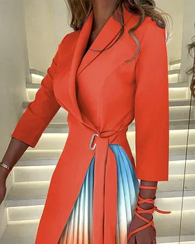 סתיו טלאים עיצוב הדרגתית המשרד השמלה נשים אופנה רצועה V-צוואר שרוול 3/4 עם קפלים שמלות ערב אלגנטי בגדי עבודה