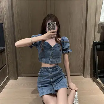 2023 כחול ג ' ינס חצאית מיני החליפה נשיים הקיץ החדש הפחתת גיל אופנה קטנות שני חלקים Y2K אופנה קוריאנית