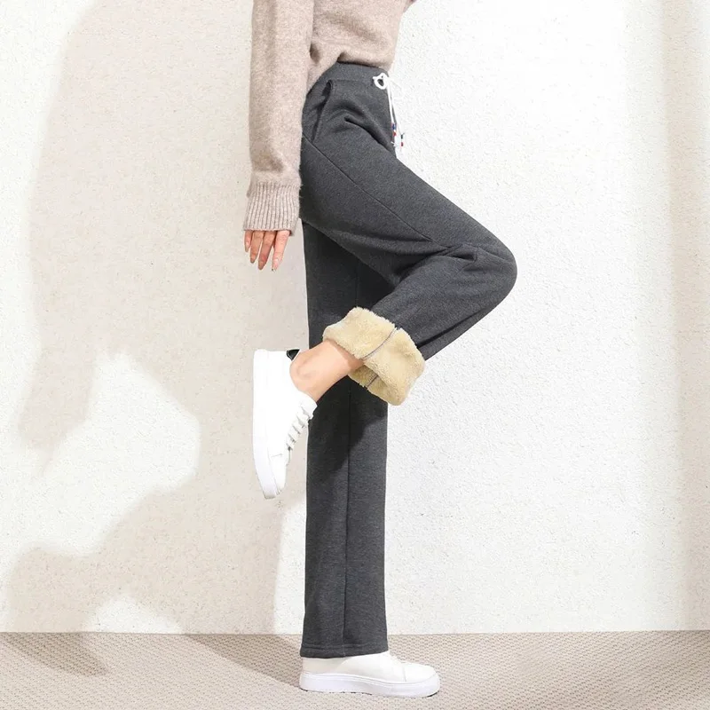 2022 סתיו החורף חדש קוריאני אופנה בתוספת קטיפה מעובה רחב הרגל המכנסיים נשים גבוהה המותניים ישר חמה חופשי מכנסיים . ' - ' . 3