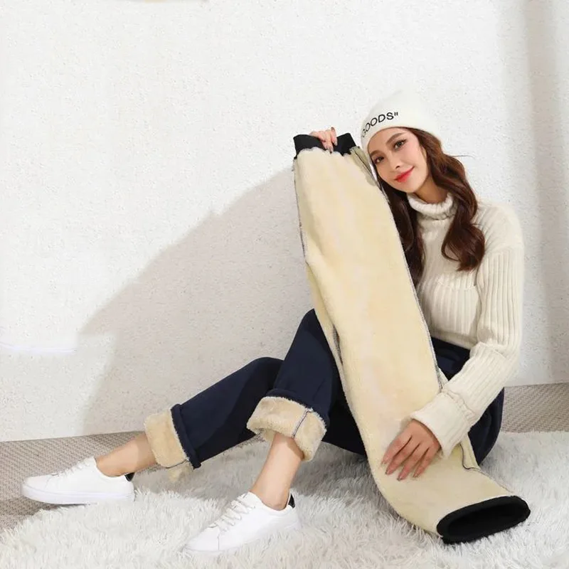 2022 סתיו החורף חדש קוריאני אופנה בתוספת קטיפה מעובה רחב הרגל המכנסיים נשים גבוהה המותניים ישר חמה חופשי מכנסיים . ' - ' . 4