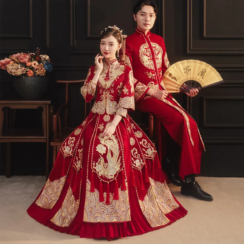 2023 סיני חדש כמה וינטג ' מנדרין Cheongsam צווארון טוסט בגדי תחפושת של דרקון ופניקס רקמה שמלת החתונה . ' - ' . 1
