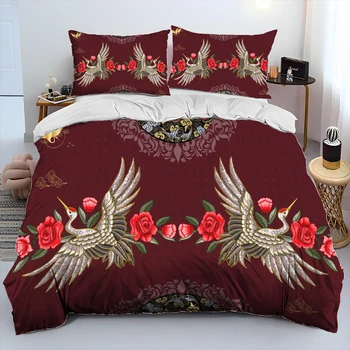בסגנון סיני אדום הוכתר קריין ציפורים מנחם סט מצעים,שמיכה כיסוי מיטה שמיכה לכסות על הכרית,המלכה סט מצעים למבוגרים