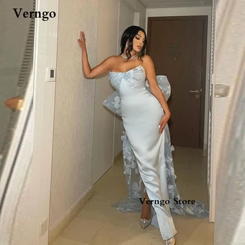 Verngo אור תכלת סאטן ערב רשמי שמלות תחרה מתוקה הקשת הרכבת פיצול הסעודית ערבית נשים אלגנטית לנשף שמלות המפלגה