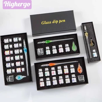 Highergo 3/7/15 מחשבים 3D פרח זכוכית העט בעבודת יד קריסטל לטבול את העט עם הדיו על ציור קליגרפיה ילדים מתנות מכשירי כתיבה