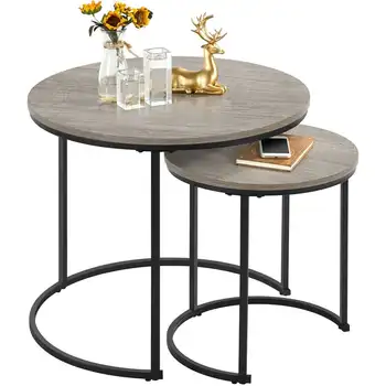 מארט כפרי קינון שולחן קפה עם סט עגול מעץ שולחן, אפור