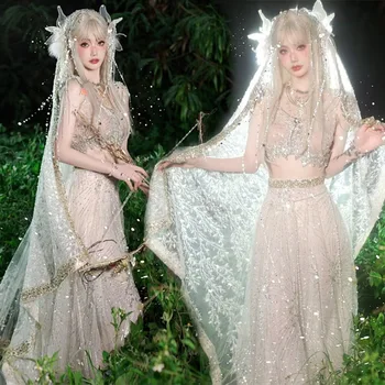 ליל כל הקדושים Cosplay יער Elf פרח משחק תלבושות עבור נשים בגדי לבן מכונף שמלת אנימה הבמה Performence להראות את הבגד