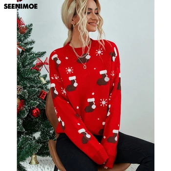 SEENIMOE נשים סתיו חורף סוודרים O-צוואר Pullovers חג המולד הדפסת פריימר חולצת שרוול ארוך נשי משוחרר סריגים העליון