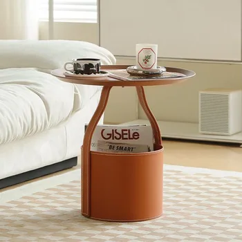 נורדי שולחנות קפה עור שולחנות תה השולחן העגול בצד הסלון יצירתי אחסון עיצוב רהיטים ניידים ספה שולחן צד