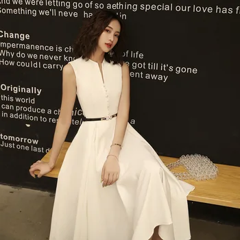 לבן מתוק כפתור קישוט קוקטייל שמלה סקסית אלגנטית באורך הברך שמלת חלוק דה נשף Vestido Cheongsam