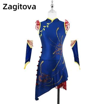 ZAGITOVA איור החלקה השמלה לנשים ונערות ללא שרוולים החלקה על הקרח, בגדים החלקה על הקרח טורקיז בסגנון עם אבנים נוצצות