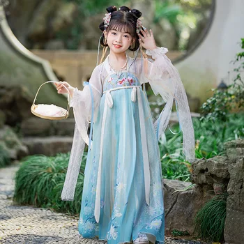 בקיץ ילדים כחול רקמה פרחונית Hanfu סינית מסורתית ריקוד תלבושות 2022 פיות שרוול ארוך הבמה השמלה הלאומי חה