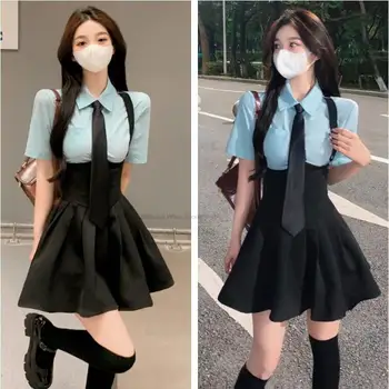 סגנון קוריאני Jk המכללה המדים בחליפה מתוק, בחורה סקסית אביב קיץ Jk חליפה עם שרוולים קצרים חולצת מותן קפלים בחזרה חצאית שני סטים.