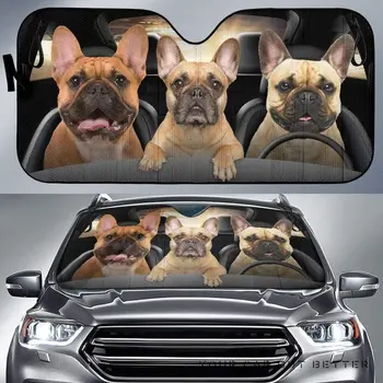 מצחיק שלוש בולדוג צרפתי כלבים נוהג כלבים המכונית שמשיה, חמוד בולדוג צרפתי המשפחה נהיגה אוטומטי, שמש, צל, השמשה V