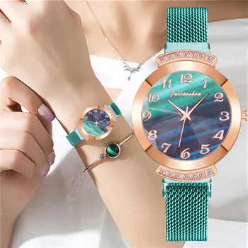 נשים ערבית מספרים לצפות מגנטית רצועה האופנה ריינסטון ירוק חיוג קוורץ שעונים שעון Zegarek Damski