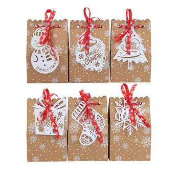 24Pcs חג המולד קראפט שקיות מתנה עם סרט,פתיתי שלג נייר טובה שקית הממתקים עם מגוון חג המולד תווית,מסיבת שנה החדשה אספקה