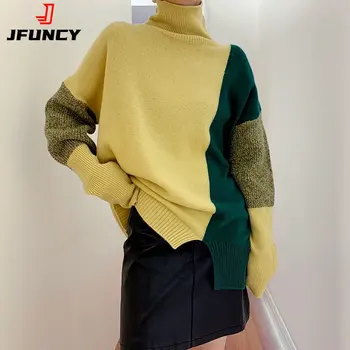 JFUNCY 2022 סוודרים סרוגים מקסימום נשים עם צווארון גולף בחורף בגדים אישה משוחררת ' מפר של נשים קוריאני אופנה סוודר טלאים