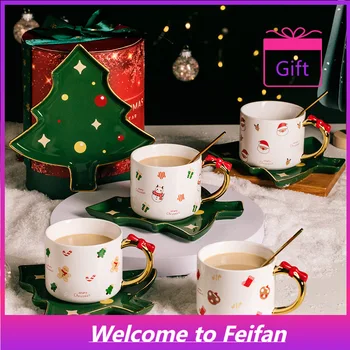 Feisifan Gogao יאן ערך מתנת חג המולד קרמיקה המעודן קפה כוס צלחת עם כף ילדה יצירתית קריקטורה ההגירה חמוד