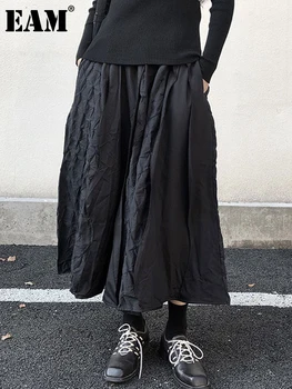[ידה] גבוה אלסטי המותניים שחור קפלים ארוכה מזדמן קו חצי גוף חצאית נשים אופנה גאות חדש האביב הסתיו 2023 1DF5953