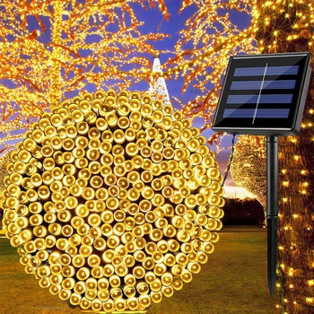 7～32M מופעל סולארית חיצונית אורות מחרוזת 100/200/300LED אורות חג המולד 8Modes עמיד למים עבור מסיבת החתונה פטיו גן עיצוב