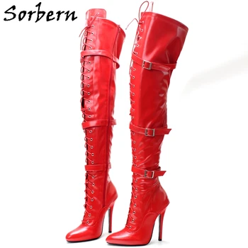 Sorbern אמצע ירך גבוהה מגפי נשים מחודד בוהן נעלי עקב גבוהות לשלש רצועות זמן מגפי פטיש יוניסקס נעליים מותאמות אישית