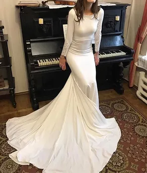 סקסית בת ים שמלת שרוול ארוך דובאי חתונה כלה שמלת רך סאטן שמלות כלה Vestido de Voiva