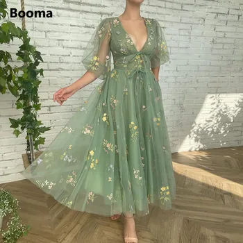 Booma ירוק רקמת תחרה Midi נשף שמלות עם צווארון וי עמוק חצי שרוולים תה באורך טול מסיבת חתונה שמלות רשמיות שמלות 2022