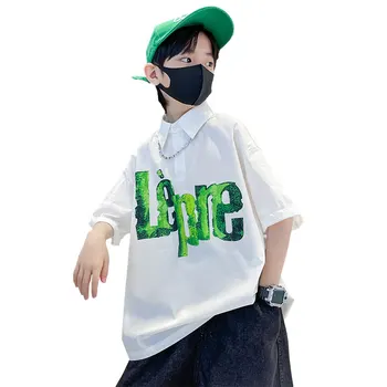 בקיץ הילדים חולצות אופנה ירוק מכתב הדפס שרוול קצר חולצות בנים קוריאנית חם מכירה נער בגדים מקסימום 7 9 11 13 14Yrs