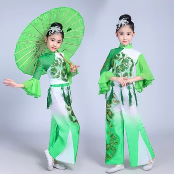 סינית מסורתית עממית Yangko ריקוד בנות ירוק קלאסי הופעת ריקוד בגדים מטריה הבמה, הריקוד הלאומי תחפושת