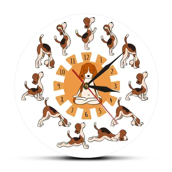 שלך מצחיק הכלב עושה יוגה המיקום של Surya Namaskara דוגי סטייל יוגה שעון קיר ביגל כלב מחמד קריקטורה יוגה קיר שעון