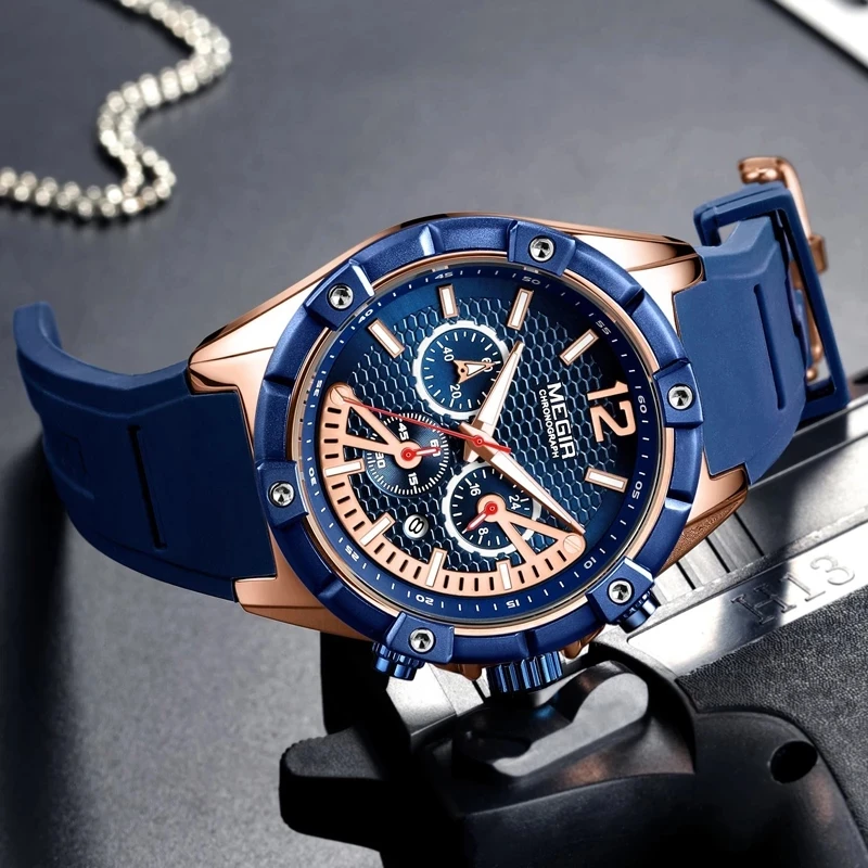 MEGIR מזדמן אופנה כחול סיליקון קוורץ גברים לצפות תכליתי הכרונוגרף שעונים זוהר 30M עמיד למים שעון רלו גבר . ' - ' . 3