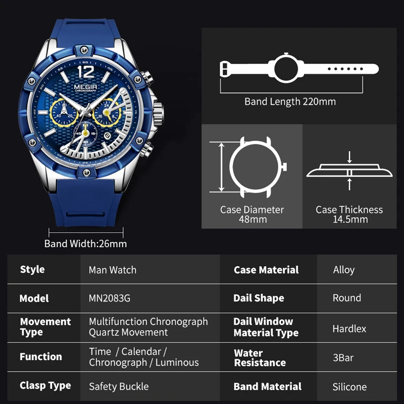 MEGIR מזדמן אופנה כחול סיליקון קוורץ גברים לצפות תכליתי הכרונוגרף שעונים זוהר 30M עמיד למים שעון רלו גבר . ' - ' . 4