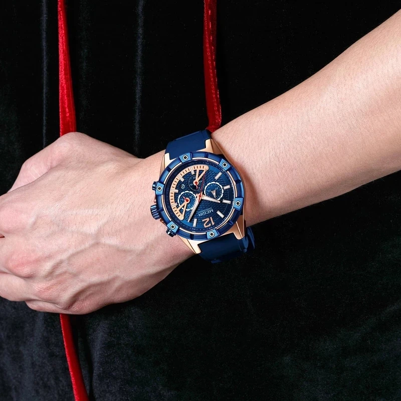 MEGIR מזדמן אופנה כחול סיליקון קוורץ גברים לצפות תכליתי הכרונוגרף שעונים זוהר 30M עמיד למים שעון רלו גבר . ' - ' . 5