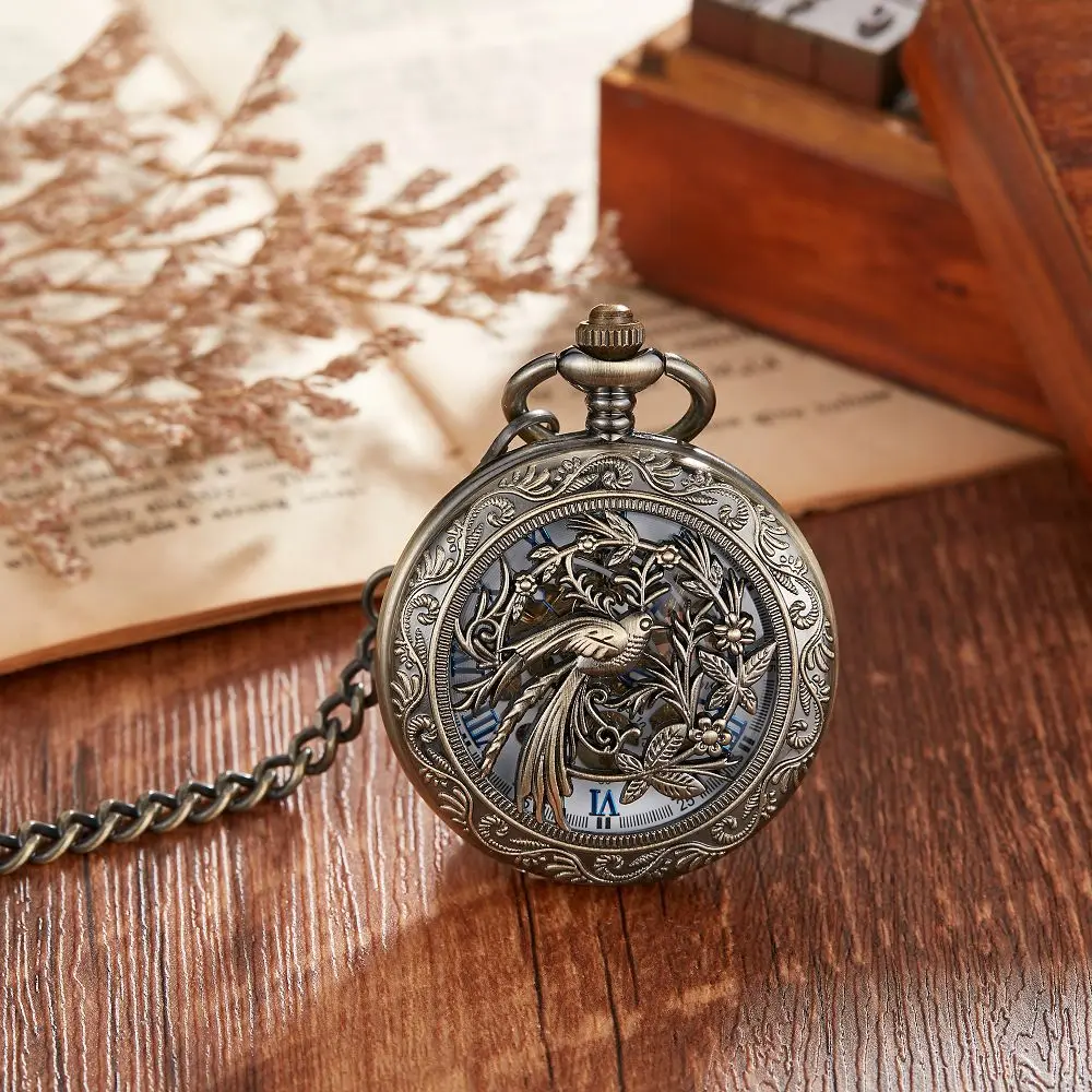 מעולה פזמונים ספירלת פיניקס עתיק קוורץ שעון כיס רטרו ברונזה עף ציפור חיה שרשרת שרשרת תכשיטים מתנות יוניסקס . ' - ' . 1