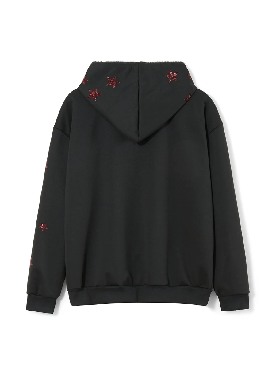נשים s ריינסטון מיופה מנופחים חולצות עם דפוס כוכב שרוול ארוך מלא Zip קפוצ ' ונים על אופנת רחוב אופנה . ' - ' . 0